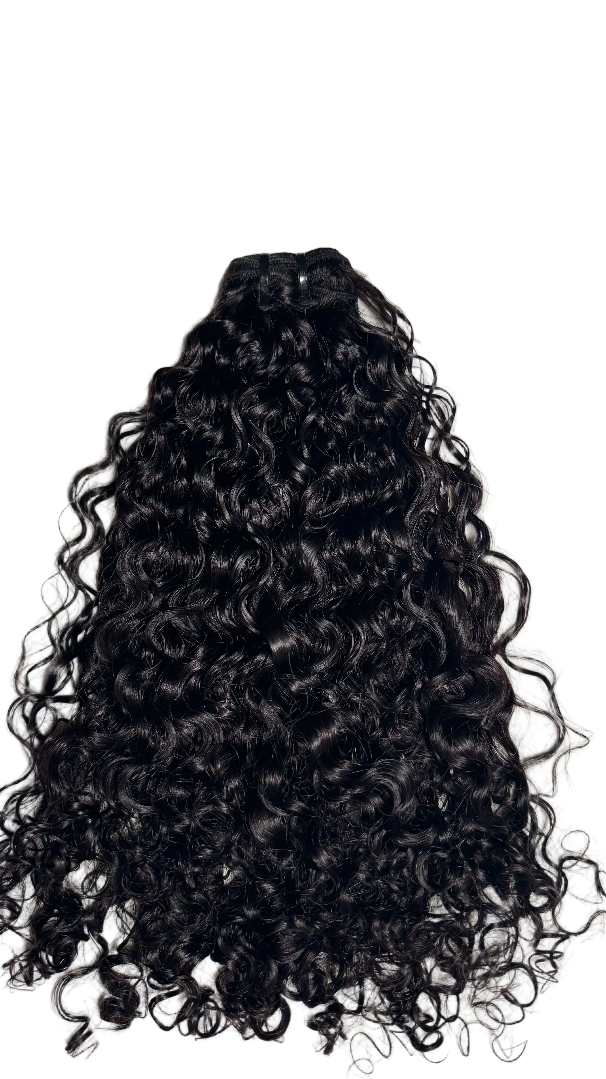 Black curly hair extensions on a textured white background